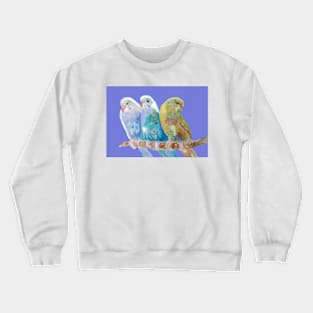 Three Budgies Siiting on a Branch Purple Crewneck Sweatshirt